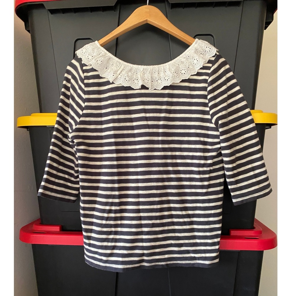 Leon & Harper Striped Lace Collar Top Medium White Nautical Twee Romantic Paris - Picture 2 of 5